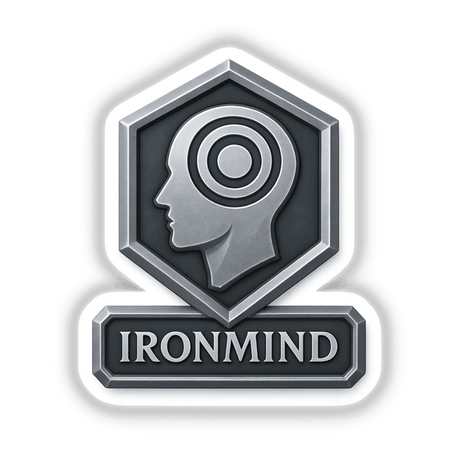 Ironmind – RPG-Style Skill Badge featuring a Silver Mental Focus Emblem, available as vinyl stickers or digital artwork, showcasing intricate RPG-style design elements for collectors or enthusiasts.