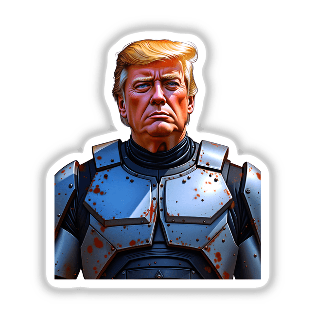 Futuristic President Donald Trump depicted as a cartoon character in armor, available as a unique vinyl sticker or digital artwork from Decal Venue.