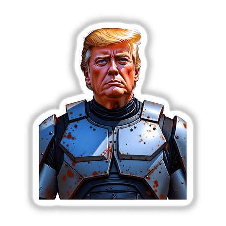 Futuristic President Donald Trump depicted as a cartoon character in armor, available as a unique vinyl sticker or digital artwork from Decal Venue.