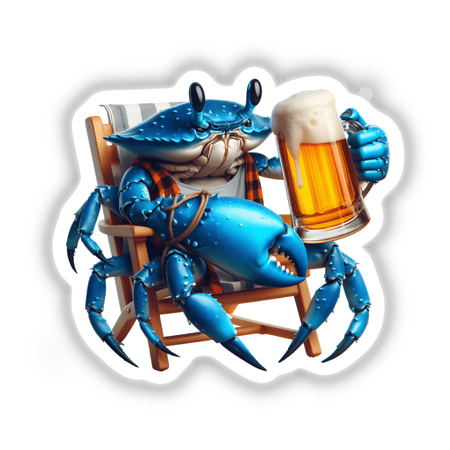 Blue Crab Sitting in Beach Chair Holding Beer