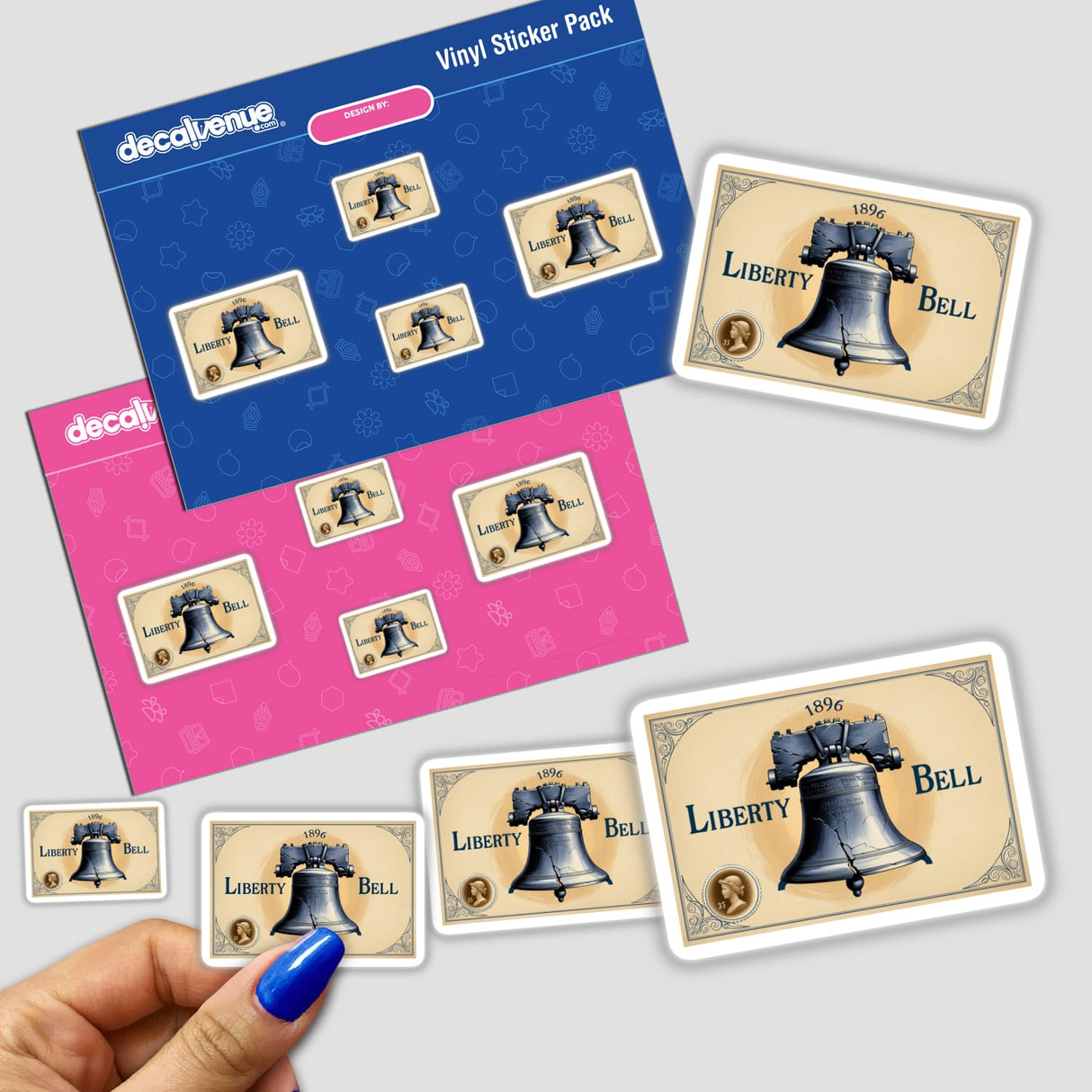 Vintage Liberty Bell Postcard Clipart featuring a close-up of hand-touched stickers and a card with a bell and coin, available as downloadable stickers with commercial rights.