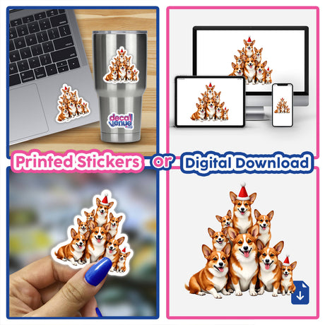 Corgi Christmas stickers feature playful dogs in festive hats, ideal for laptops. Perfect for fans of cute canine-themed digital art and unique decals from Decal Venue.