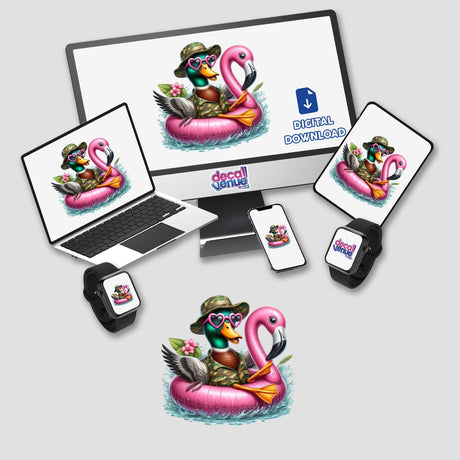 Camo Mallard Duck in Flamingo Float II displayed on computer and laptop screens, featuring a cartoon duck in a flamingo float. Available as stickers or digital artwork.