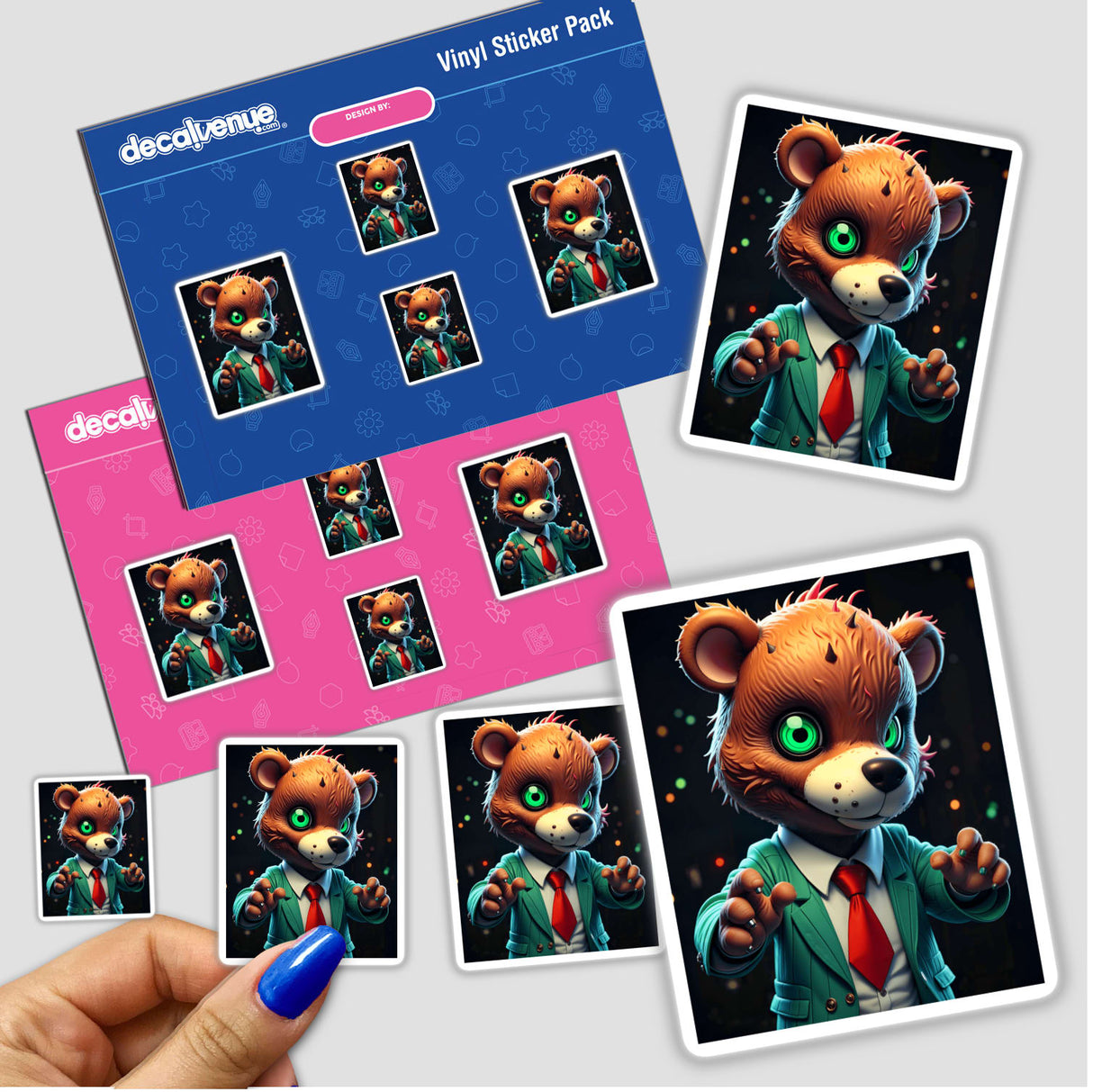 Cartoon bear sticker titled A Macabre Scary Bear, featuring a bear in a suit and tie. Available as stickers or digital artwork from Decal Venue.