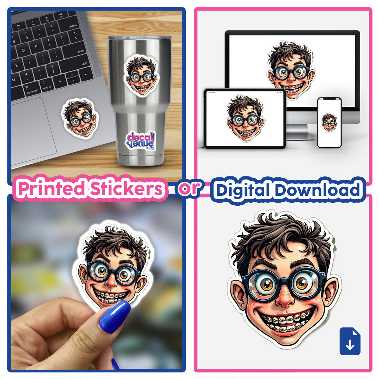 Collage of Nerd Zoião cartoon character, featuring various close-ups and illustrations. Available as stickers or digital artwork.