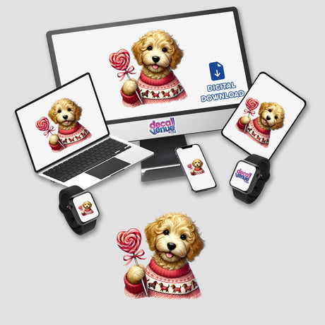 Watercolor Goldendoodle Dog Sweater and Lollipop featured on a computer monitor and laptop screen, highlighting its availability as unique stickers or digital artwork from Decal Venue.