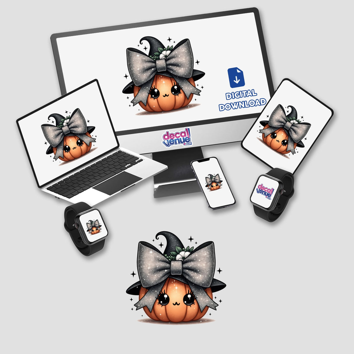 Cute Glitter Coquette Pumpkin stickers and digital artwork displayed on a computer monitor, laptop, smartphone, smartwatch, and other devices, featuring a cartoon pumpkin with a bow.