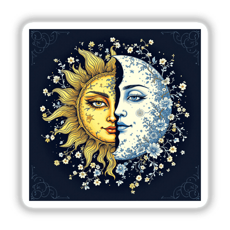 Chinoiserie Sun and Moon artwork featuring a woman's face intertwined with floral elements, available as stickers or digital art.