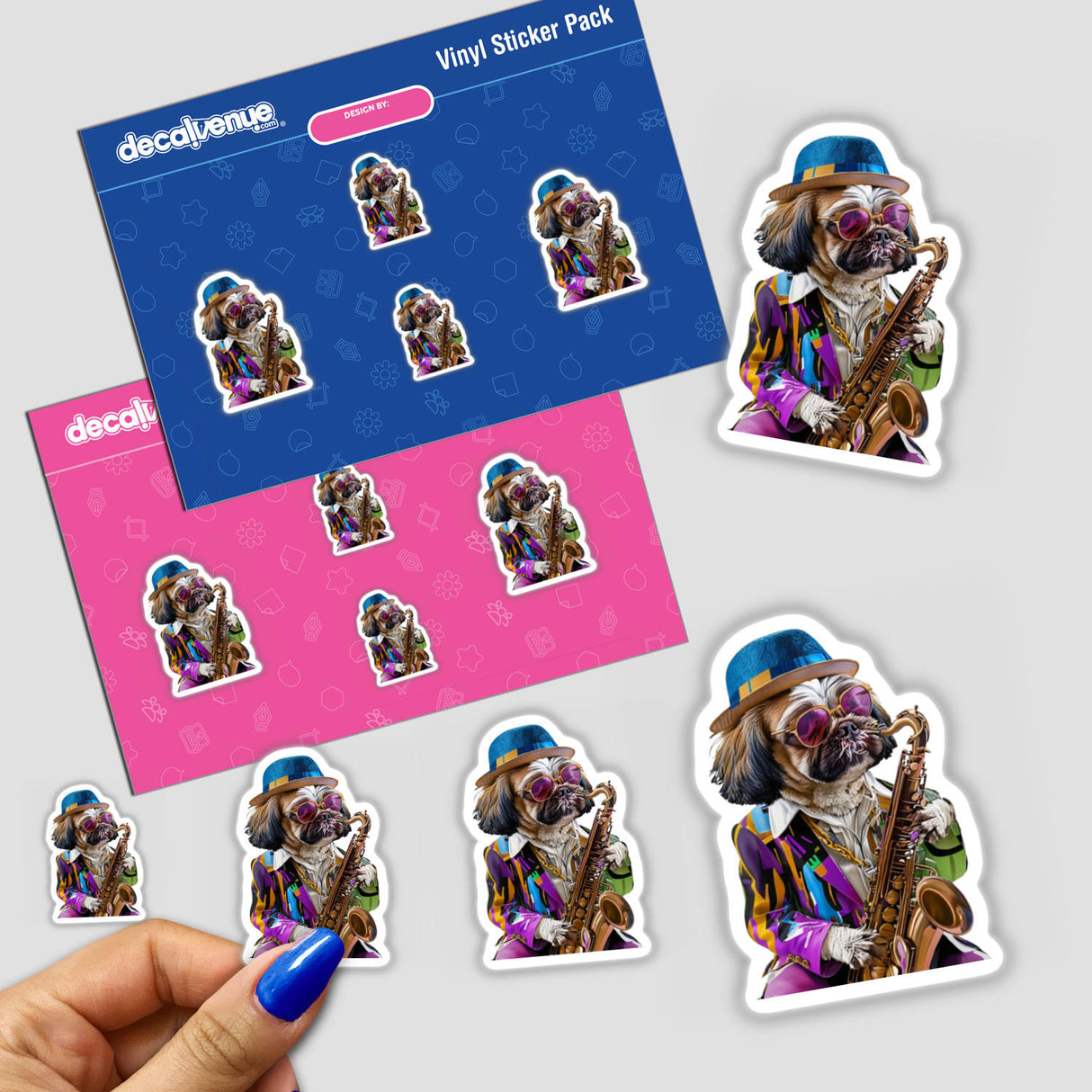 Hipster Shih Tzu dog wearing a hat and sunglasses playing a saxophone, designed for vibrant stickers or digital artwork, ideal for commercial use.