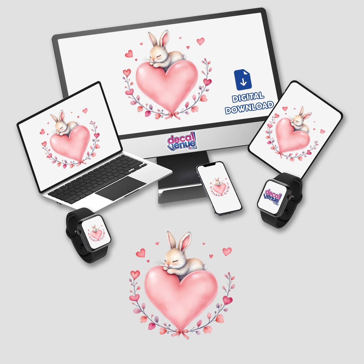 Baby Bunny on a Heart design featuring a cute bunny nestled on a heart, available as stickers or digital art from Decal Venue, perfect for adding charm to your space.