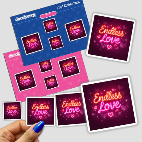 Hand holding the Endless Love Romantic Neon Display sticker pack, featuring vibrant neon designs with hearts and diamonds, available as stickers or digital artwork from Decal Venue.