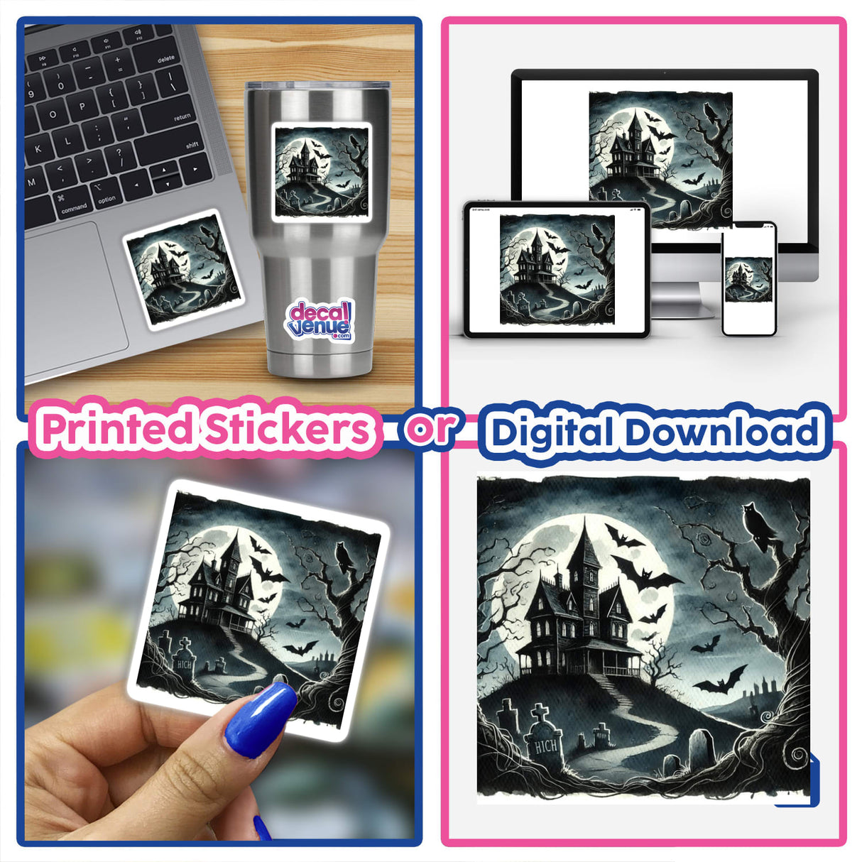 Spooky Night - Haunted House and Bats Watercolor collage featuring a laptop with stickers, a digital download, and a Halloween card, highlighting the eerie house and bats design.