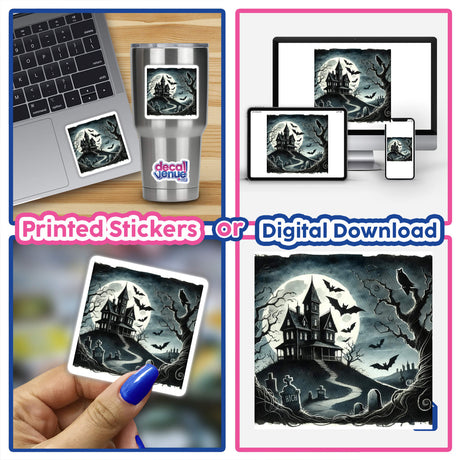 Spooky Night - Haunted House and Bats Watercolor collage featuring a laptop with stickers, a digital download, and a Halloween card, highlighting the eerie house and bats design.