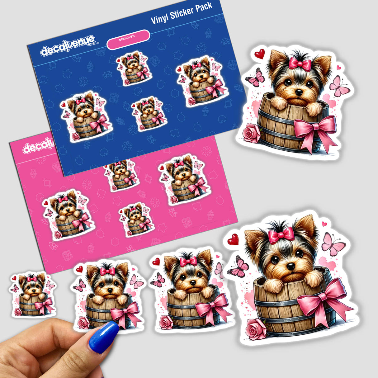Yorkie Dog in a Barrel stickers featuring a cartoon dog with a bow in a wooden barrel, surrounded by butterflies. Available as unique vinyl stickers or digital artwork from Decal Venue.