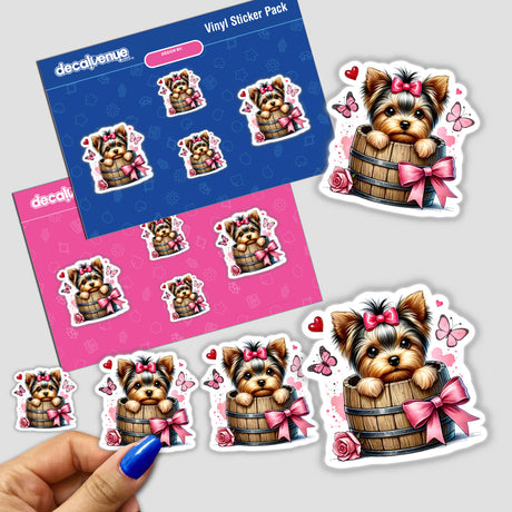 Yorkie Dog in a Barrel stickers featuring a cartoon dog with a bow in a wooden barrel, surrounded by butterflies. Available as unique vinyl stickers or digital artwork from Decal Venue.