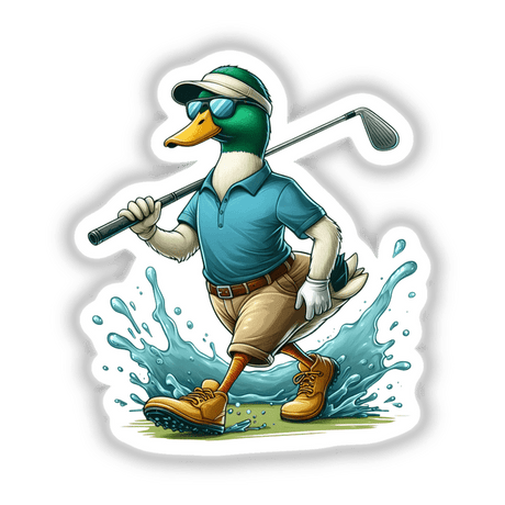 Confident Mallard Duck Golfer cartoon, featuring a duck in golf attire with sunglasses and a visor, holding a golf club. Available as stickers or digital artwork from Decal Venue.