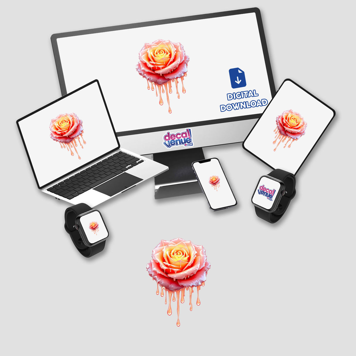 Rose Dripping Candle Wax design displayed on various devices, including a computer monitor and laptop, showcasing its availability as stickers or digital artwork from Decal Venue.