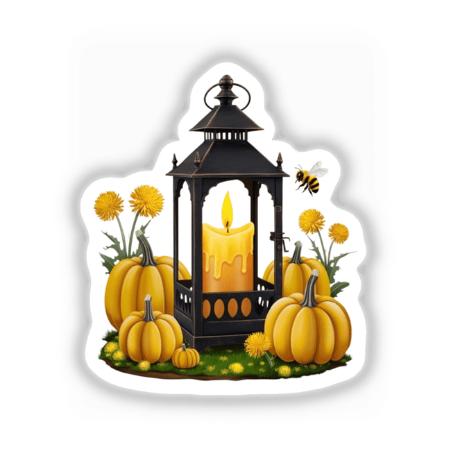 Autumn Lantern Candle Clipart featuring yellow aesthetic pumpkins and flowers, available as stickers or digital artwork.