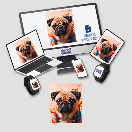 A Cute Pug - Animal Portrait displayed on a computer monitor, laptop, and smartphone, illustrating its availability as stickers or digital artwork from Decal Venue.