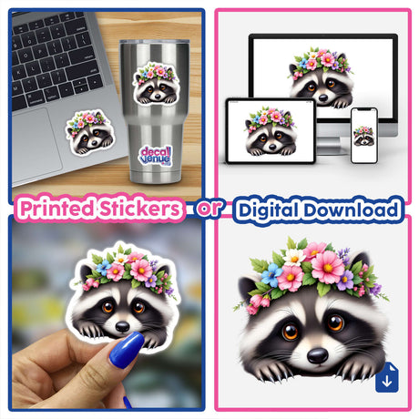 Cute Raccoon with a Colorful Flower Crown sticker collage featuring various applications, including on a laptop and a cup, highlighting its versatility as both vinyl sticker and digital artwork.
