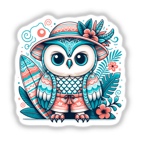 Owl in Summer Beach Hat with Surfboard