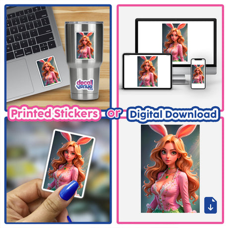 Collage featuring A Cute Easter Bunny Girl on a laptop, showcasing a whimsical cartoon character with long hair and bunny ears. Available as stickers or digital artwork from Decal Venue.