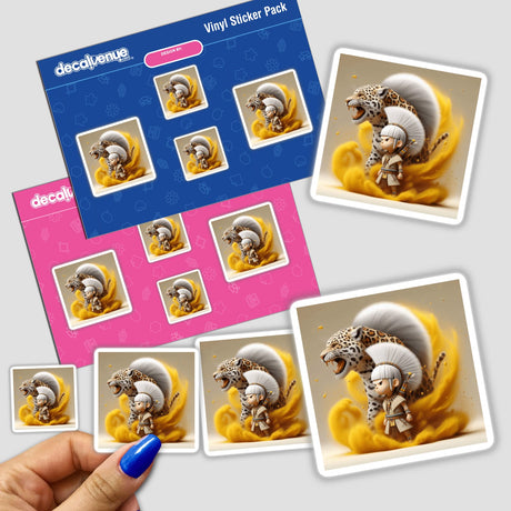 African Tribal Warrior sticker pack featuring cartoon characters, including a warrior beside a cheetah, held in a hand, showcasing Decal Venue's unique vinyl sticker collection.