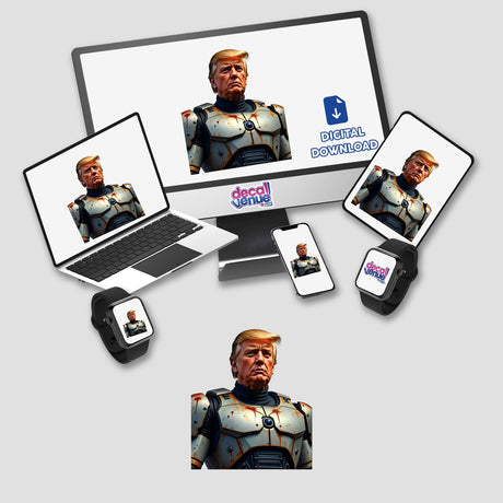 Futuristic President Donald Trump digital artwork displayed on a laptop and monitor, featuring Trump in a robot suit, available as stickers or digital art from Decal Venue.
