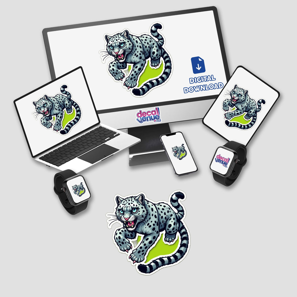 Olha a Onça aí digital artwork displayed on a laptop and computer monitor, featuring a cartoon leopard available as stickers or digital art.