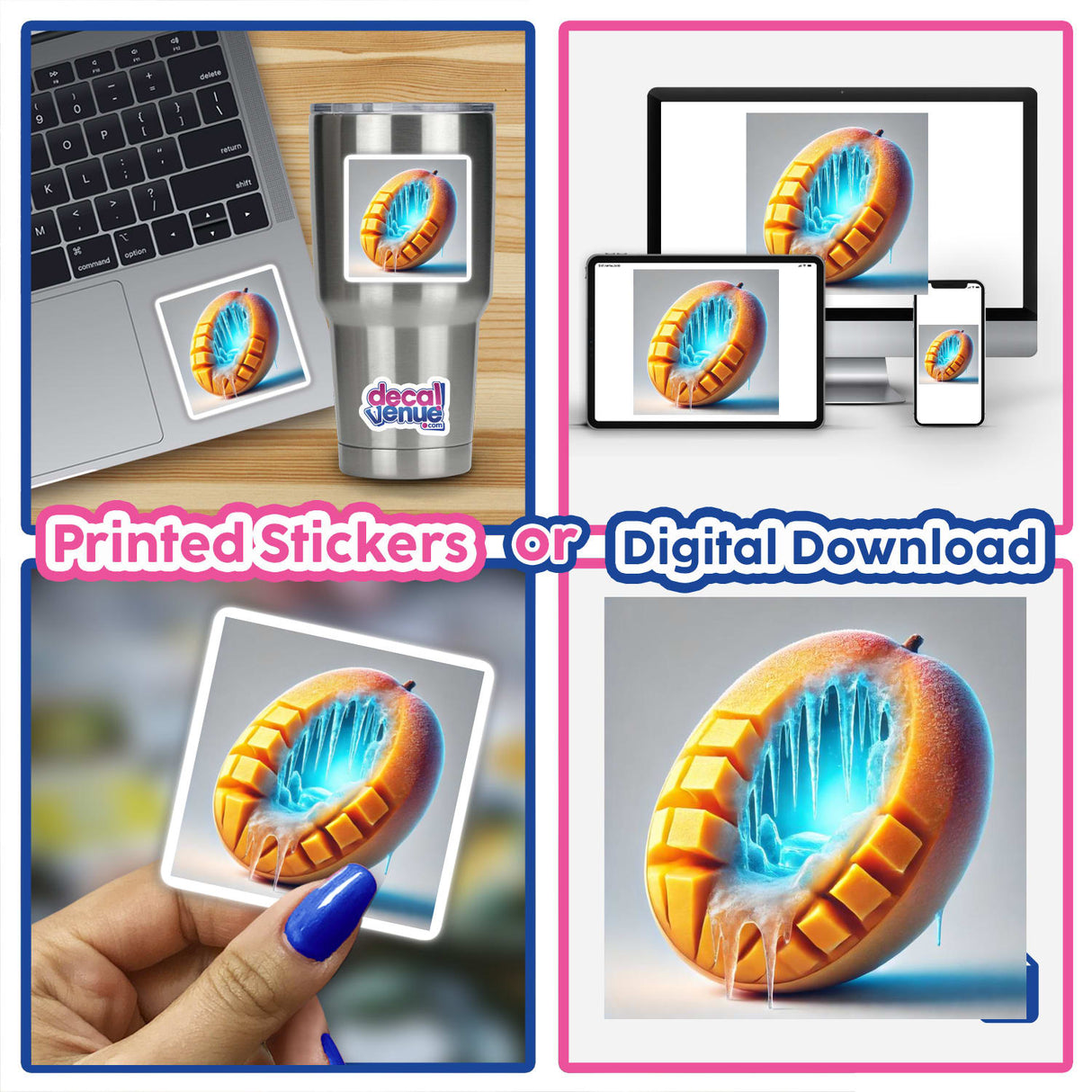 Collage featuring the product Frozen Tropics Ice Cave Inside a Mango with images of mangoes encased in ice, a computer keyboard displaying an orange, and laptops showcasing the artwork. Available as stickers or digital art.
