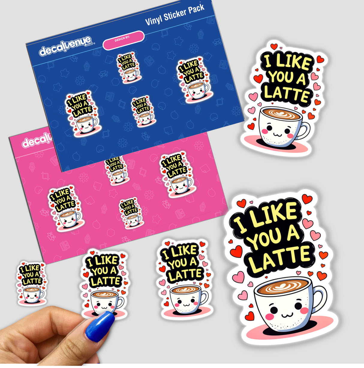 I Like You A Latte Funny Love Quote sticker features a cartoon coffee cup with a smiling face and hearts, available as vinyl stickers or digital artwork from Decal Venue.