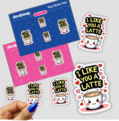 I Like You A Latte Funny Love Quote sticker features a cartoon coffee cup with a smiling face and hearts, available as vinyl stickers or digital artwork from Decal Venue.