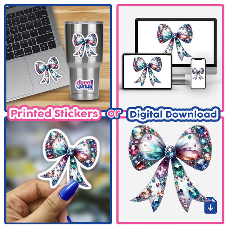 Coquette Bow Jewels and Gemstones: a collage showcasing gem-studded bow stickers on a laptop, cell phone, and nails, highlighting their versatility for creative projects from Decal Venue.