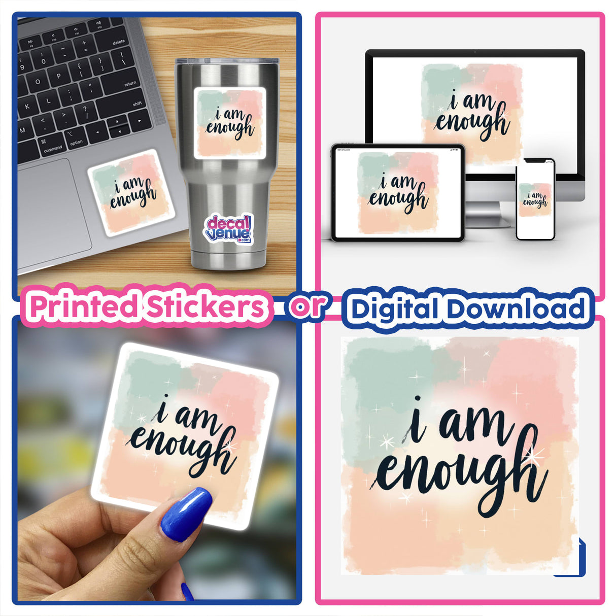 I Am Enough Positive Affirmation Sticker displayed on a laptop and phone, available as a digital download clipart with commercial rights.