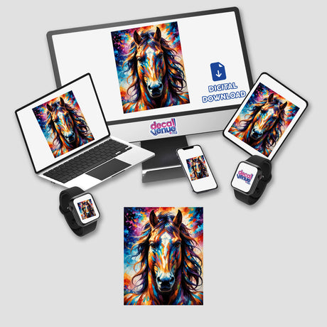 A Cute Horse - Animal Portrait displayed across electronic devices, showcasing a vibrant horse with a long mane, available as stickers or digital artwork from Decal Venue.