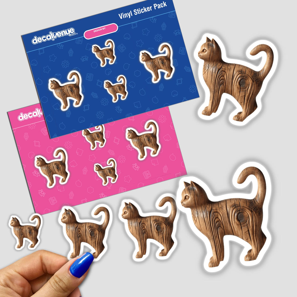 Carved Wood Cat depicted as a detailed sculpture, available as stickers or digital artwork. The image showcases intricate craftsmanship, embodying Decal Venue's focus on unique stickers and digital art.