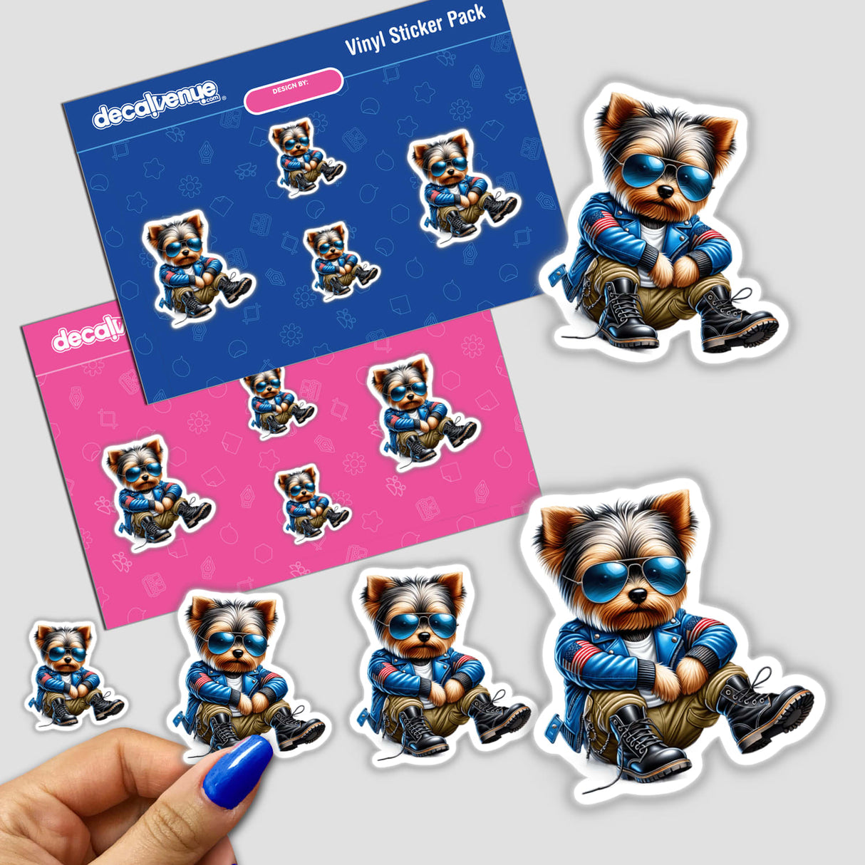 Stickers featuring a cartoon Yorkie in aviator sunglasses and a blue jacket, titled Patriotic Leather Yorkie Aviator Sunglasses. Available as stickers or digital artwork from Decal Venue.