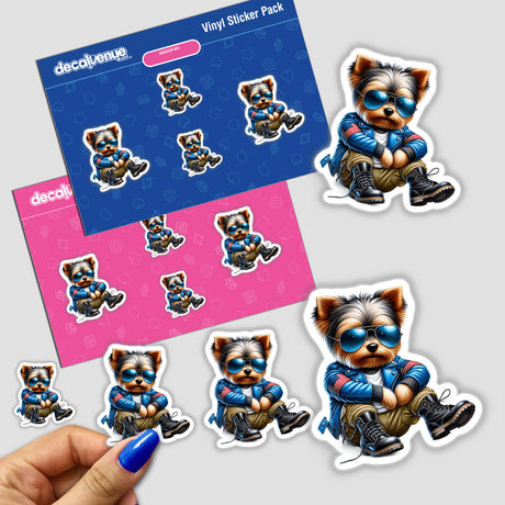 Stickers featuring a cartoon Yorkie in aviator sunglasses and a blue jacket, titled Patriotic Leather Yorkie Aviator Sunglasses. Available as stickers or digital artwork from Decal Venue.