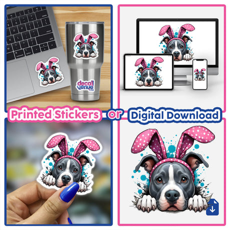 Peeking Easter Pitbull Bunny sticker featuring a dog's head with bunny ears, ideal for laptops or cups. Available as vinyl stickers or digital artwork from Decal Venue.