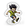Corredor Sagaz: A cartoon character with black hair kicking a football, featuring detailed illustrations of movement and action, available as stickers or digital artwork.