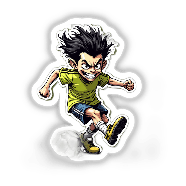Corredor Sagaz: A cartoon character with black hair kicking a football, featuring detailed illustrations of movement and action, available as stickers or digital artwork.