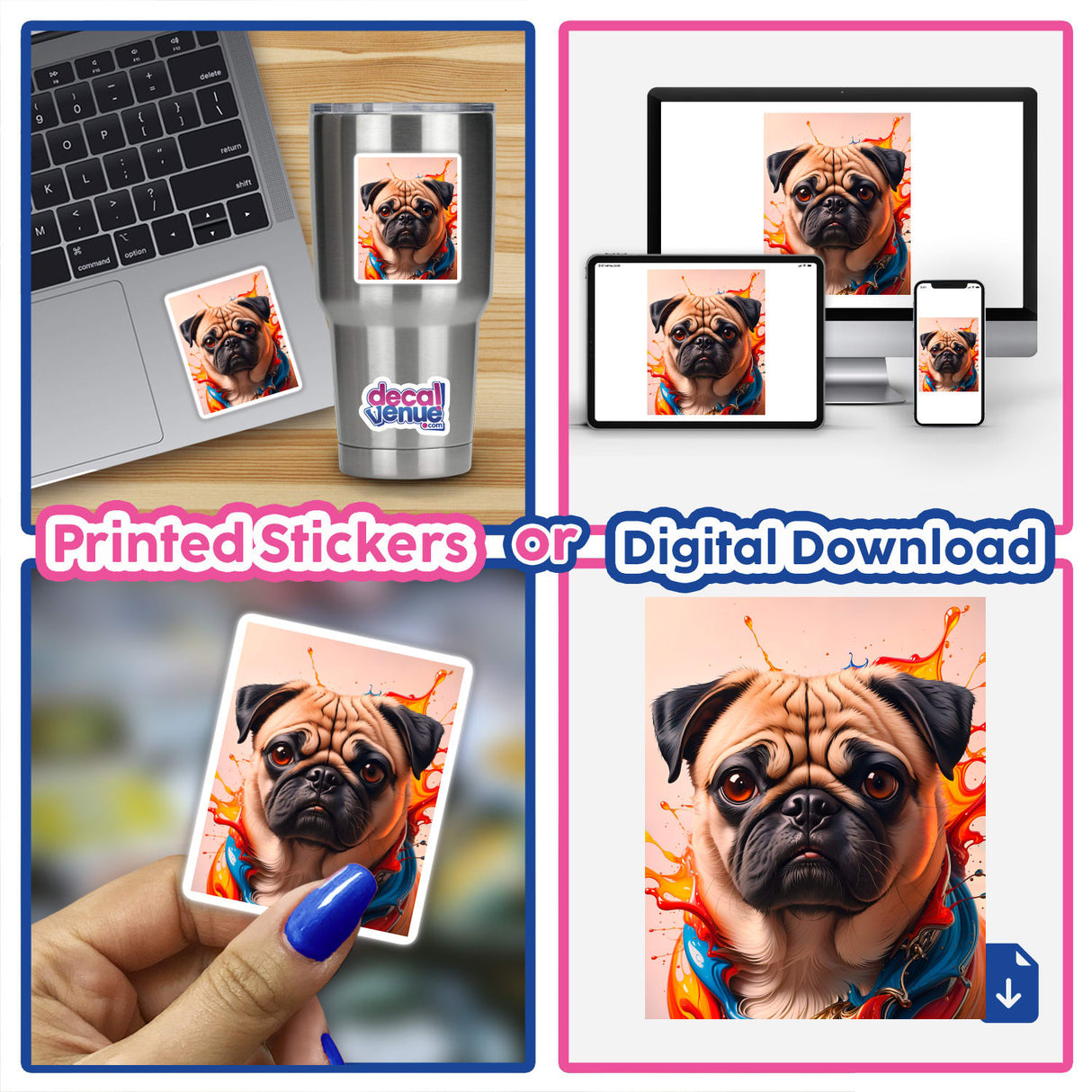 A Cute Pug - Animal Portrait as a vinyl sticker on a laptop, showcasing the adorable dog design available from Decal Venue.