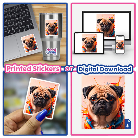 A Cute Pug - Animal Portrait as a vinyl sticker on a laptop, showcasing the adorable dog design available from Decal Venue.