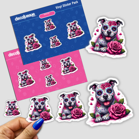 Sugar Skull Roses Pitbull Dog sticker pack featuring cartoon dogs with roses, available as vinyl stickers or digital artwork, highlighting unique designs from Decal Venue.