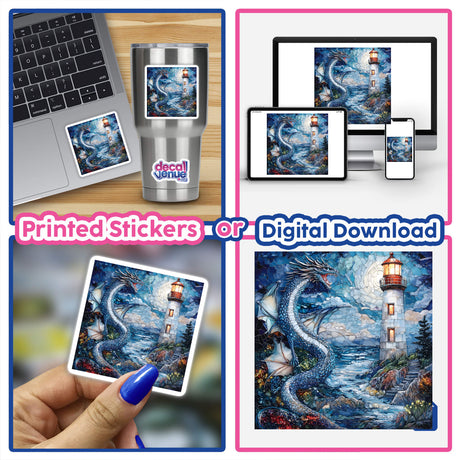 Mystical Dragon and Lighthouse Mosaic, featuring a collage of stickers and digital artwork with a dragon and lighthouse, displayed on laptops and as handheld images.