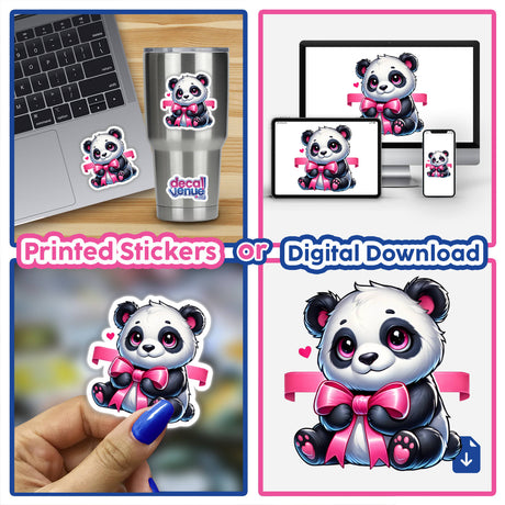 Cute Panda Holding Pink Ribbon sticker collage, featuring various cartoon pandas with pink ribbons, shown on laptops, cups, and more, available as stickers or digital artwork from Decal Venue.