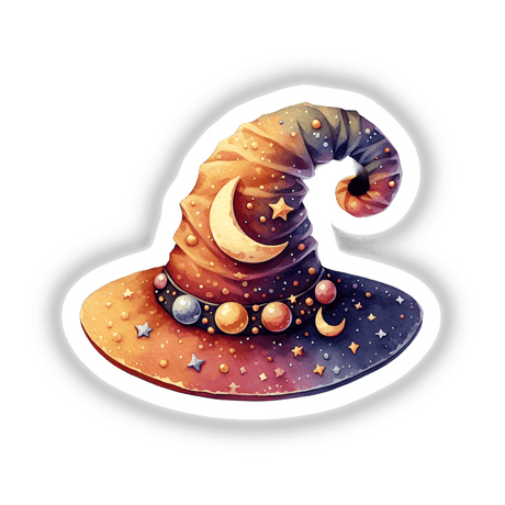 Halloween Hat with Stars and Moons available as stickers or digital artwork, featuring whimsical stars and moon motifs on a vibrant surface, reflecting Decal Venue's unique sticker and digital art offerings.