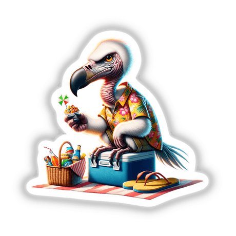 Vacation Vulture Having a Picnic: A cartoon bird sits on a picnic bag holding a bowl of food, available as stickers or digital artwork.