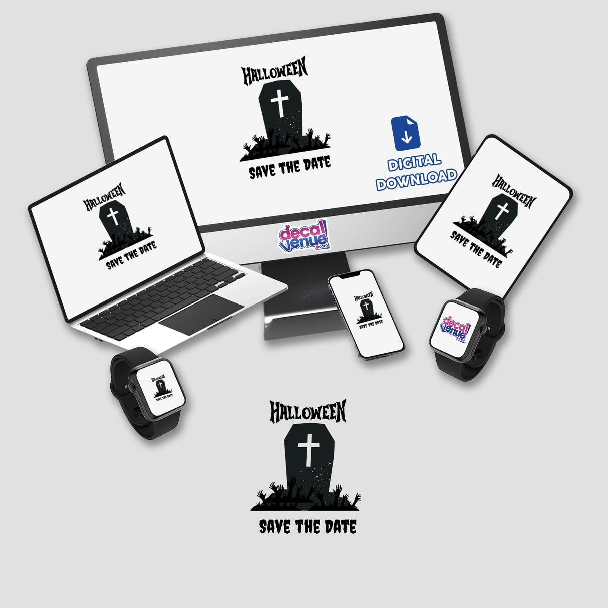 Halloween Save the Date: A tombstone with protruding hands, featuring Halloween above and save the date below. Available as stickers or digital artwork, perfect for Halloween-themed weddings.