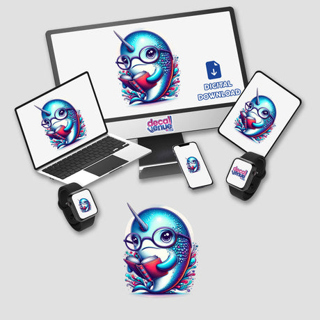 Narwhal With Reading Glasses Open Book displayed on a computer monitor, laptop, and other devices, offered as stickers or digital artwork from Decal Venue.